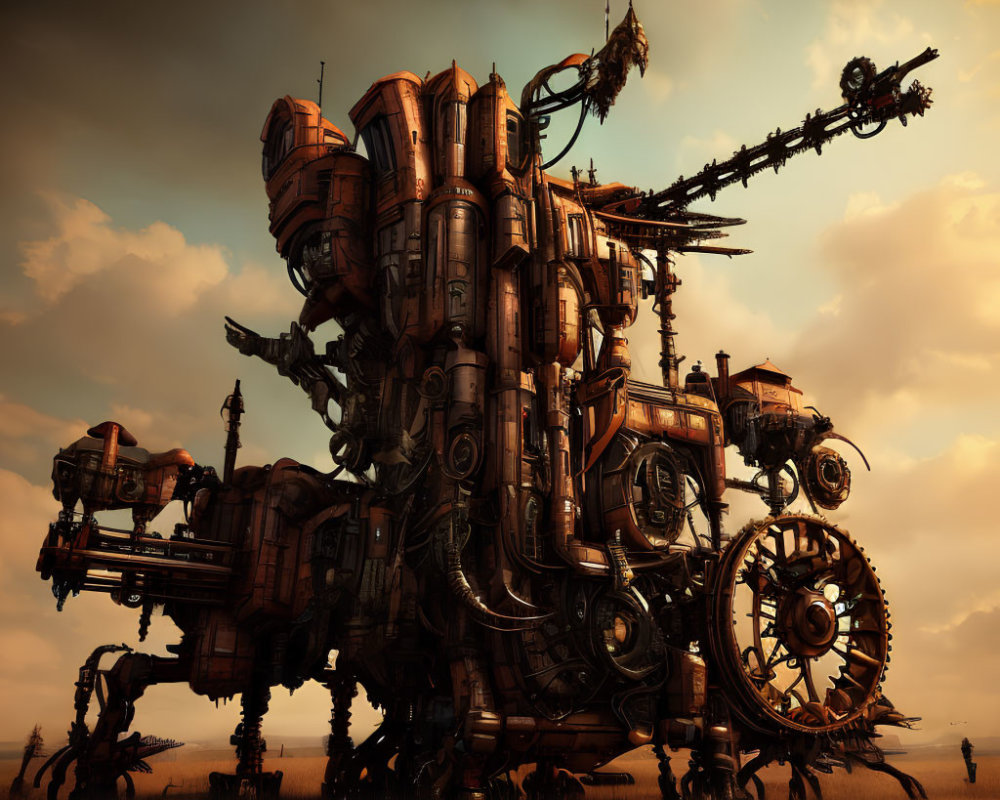 Steampunk-inspired mechanical structure with gears and pipes in dusky setting