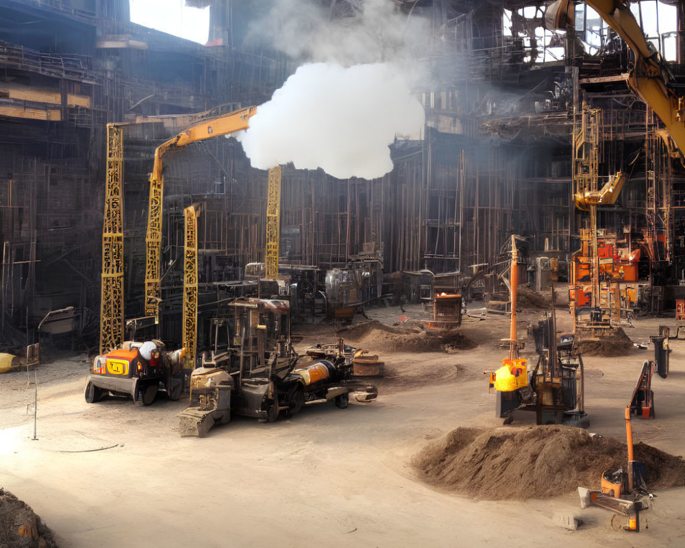 Busy Indoor Construction Site with Heavy Machinery and Steel Beams