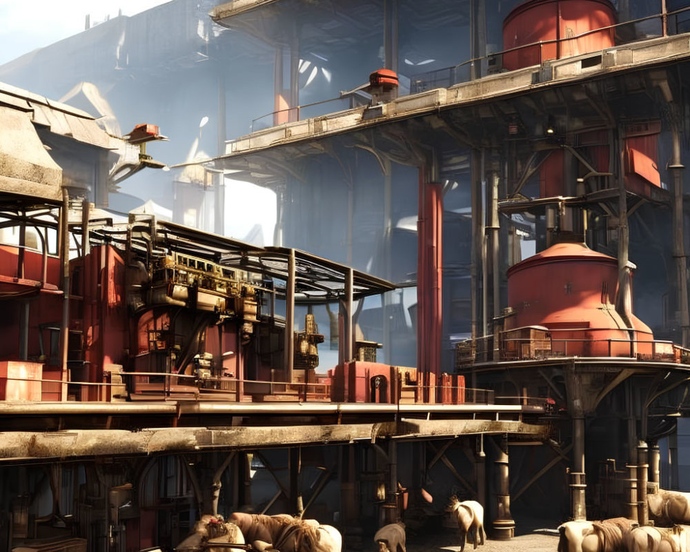 Industrial steel mill with red machinery, workers, and heavy equipment.