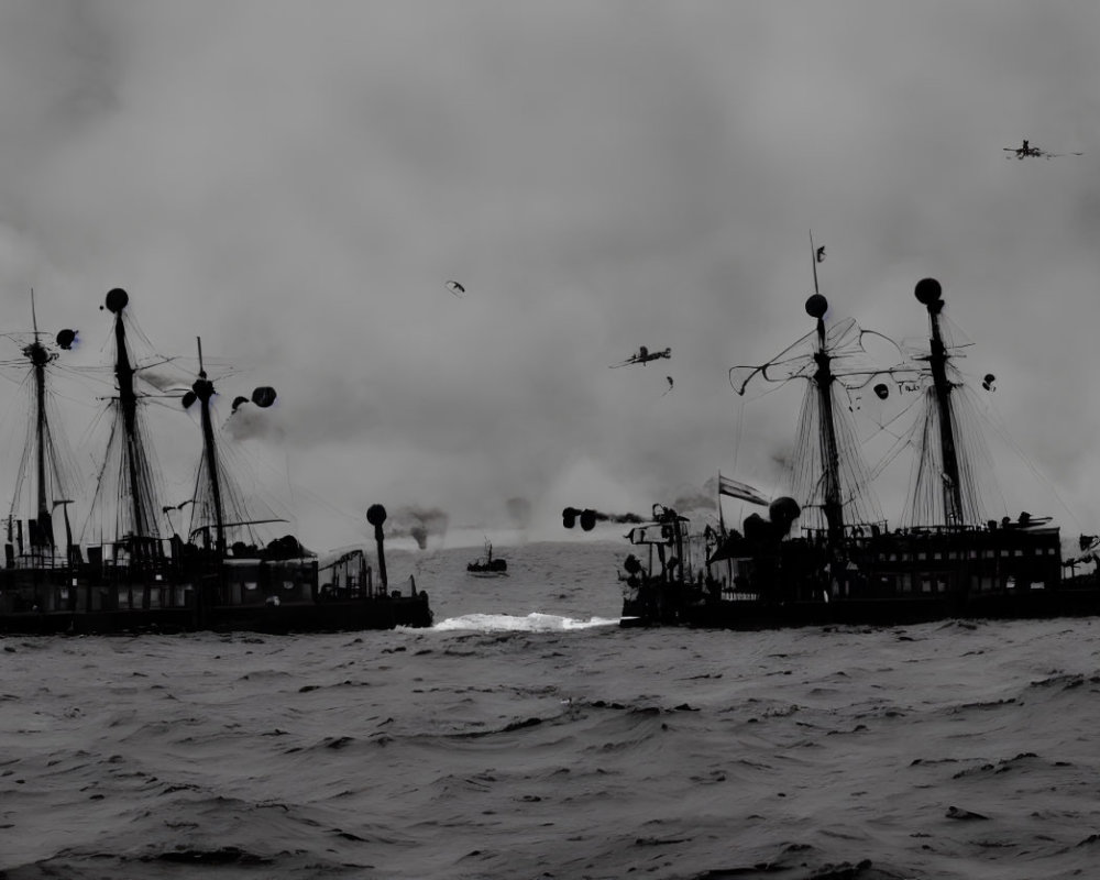 Grayscale image of rough seas with old ships and helicopters under cloudy sky