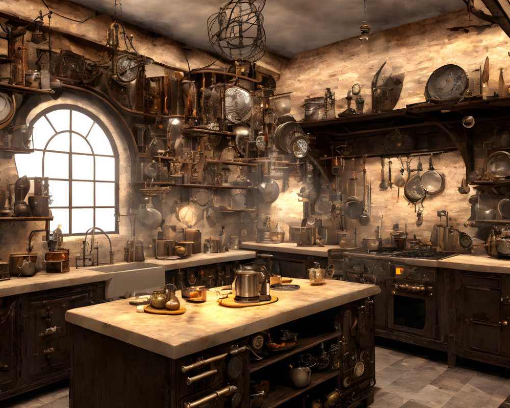 Traditional Kitchen with Wooden Cabinets, Copper Utensils, Island, and Arched Window