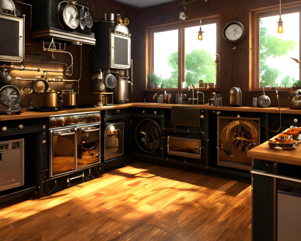 Vintage-Style Kitchen with Black Cabinetry and Antique Appliances