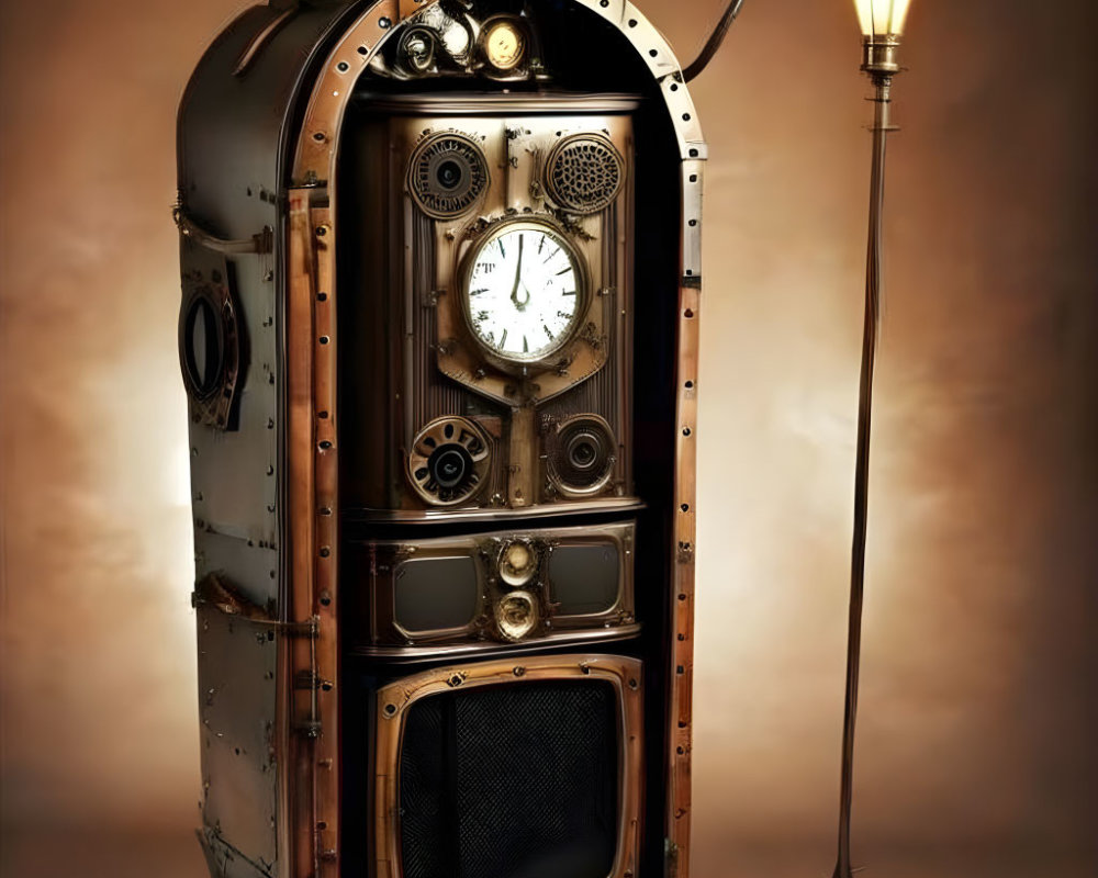 Steampunk-style device with clocks, gauges, and speaker on warm backdrop