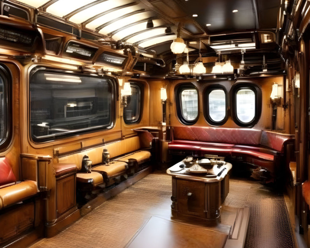 Vintage Train Carriage Interior: Polished Wood, Leather Seats, Brass Lamps