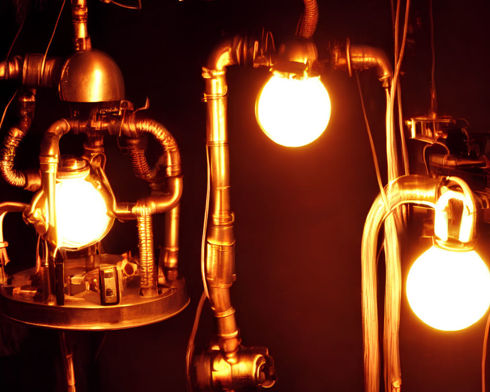 Metallic pipes and glowing light bulbs in steampunk setup