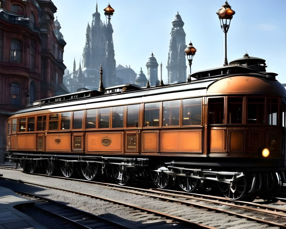 Vintage Train with Polished Wooden Carriages at Station