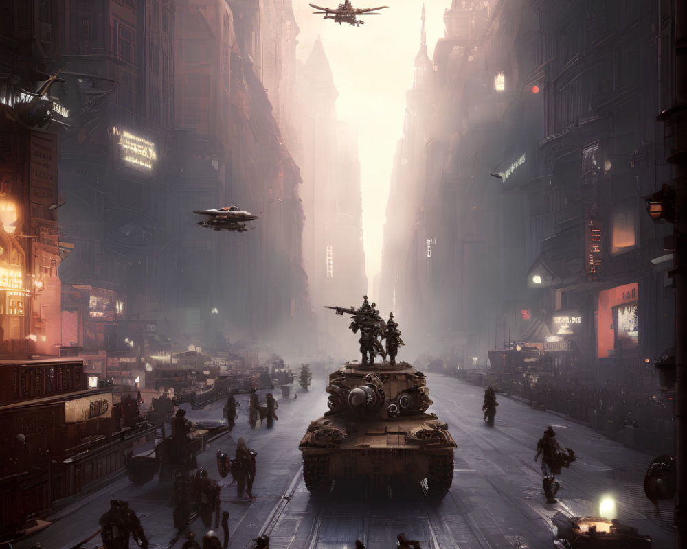 Dystopian cityscape with soldiers, crowds, and flying crafts at sunset