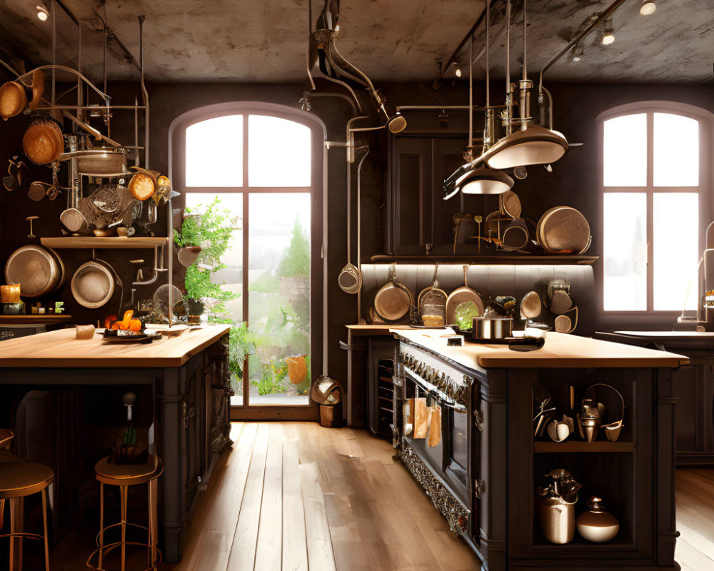 Rustic kitchen interior with wooden floors and vintage lighting