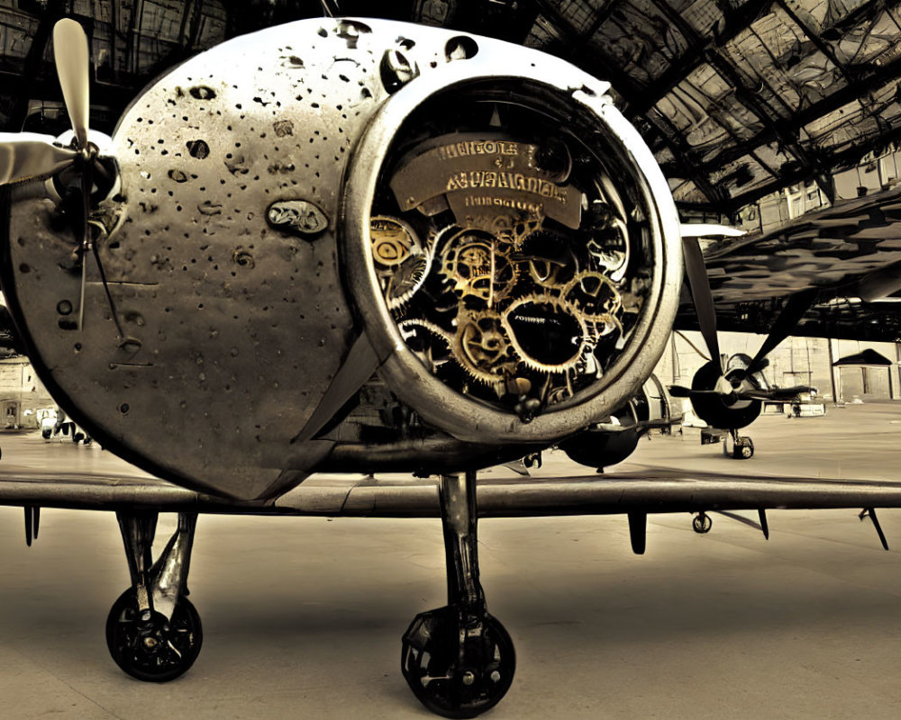 Vintage airplane with steampunk engine design in hangar.