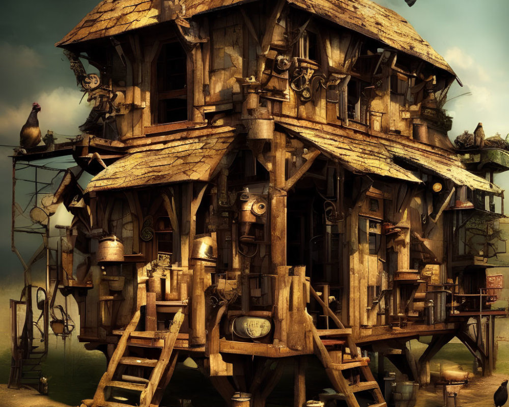 Wooden architecture treehouse with shingled roof, gears, pipes, and barrels.