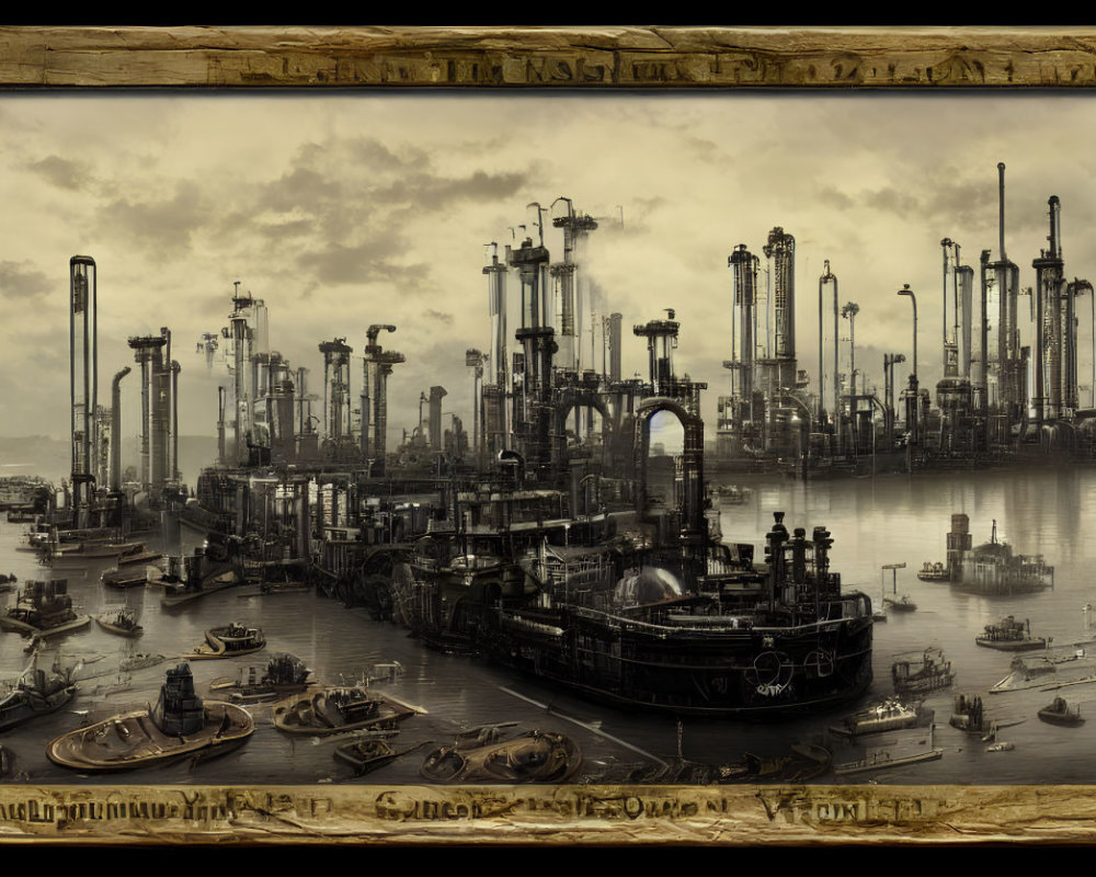 Steampunk-style industrial cityscape with towering structures, airships, and boats