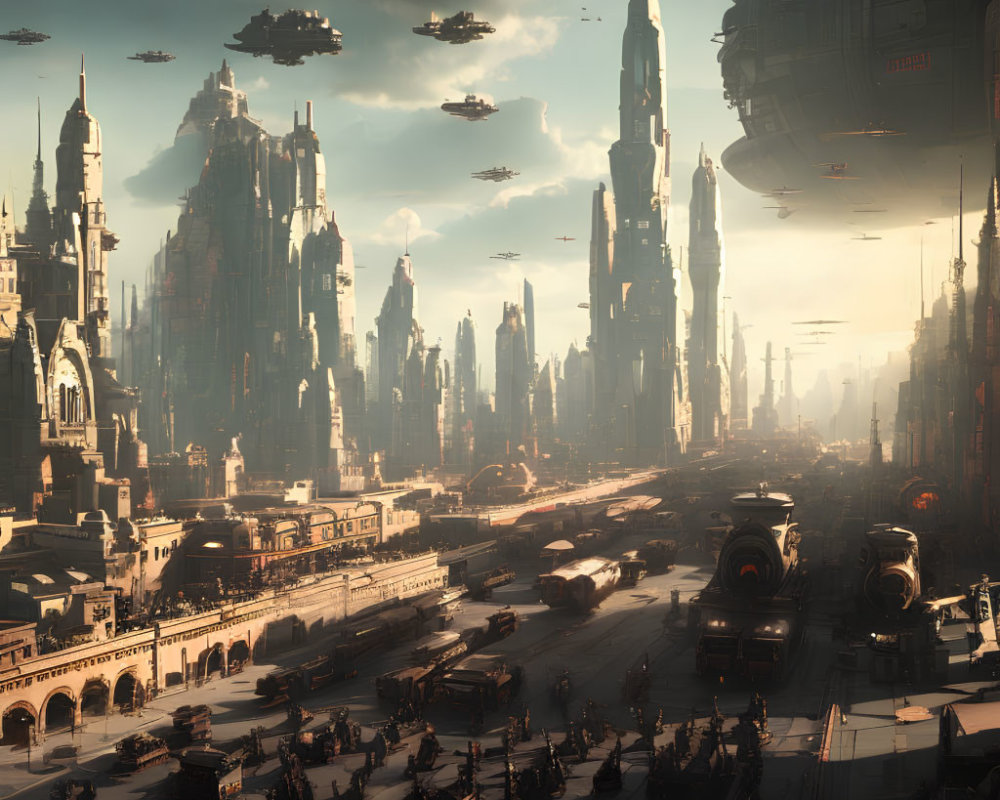 Futuristic cityscape: towering skyscrapers, flying vehicles, bustling traffic.