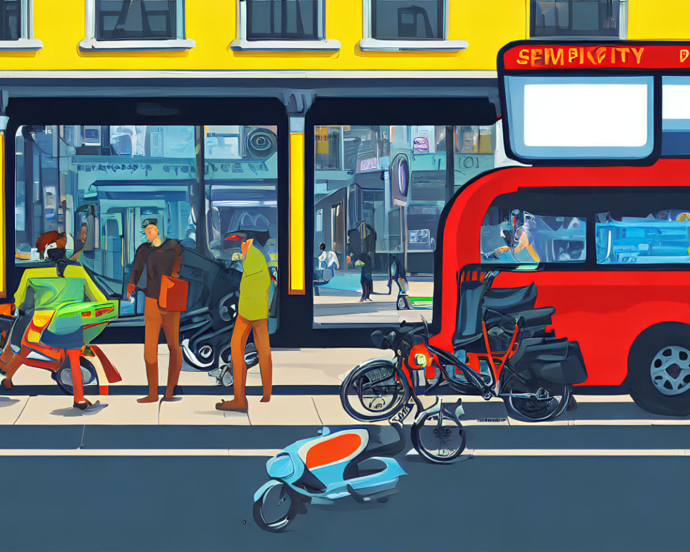 Vibrant city street with bus stop, red bus, motorcycles, and shops