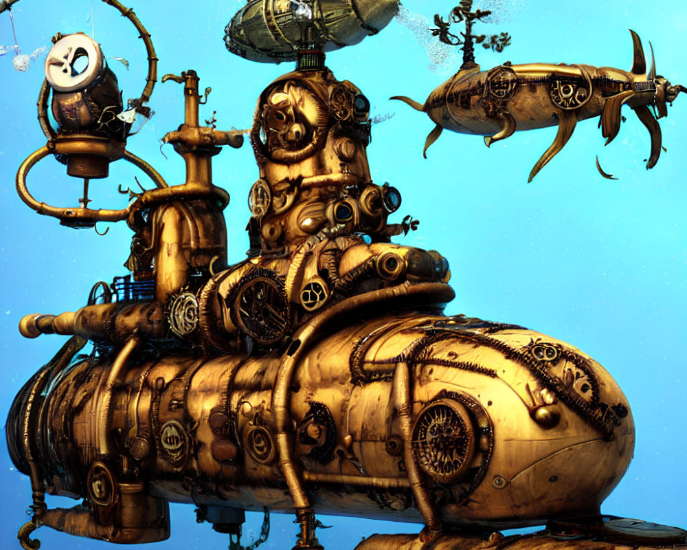 Steampunk submarine with brass detailing and mechanical fish in blue backdrop