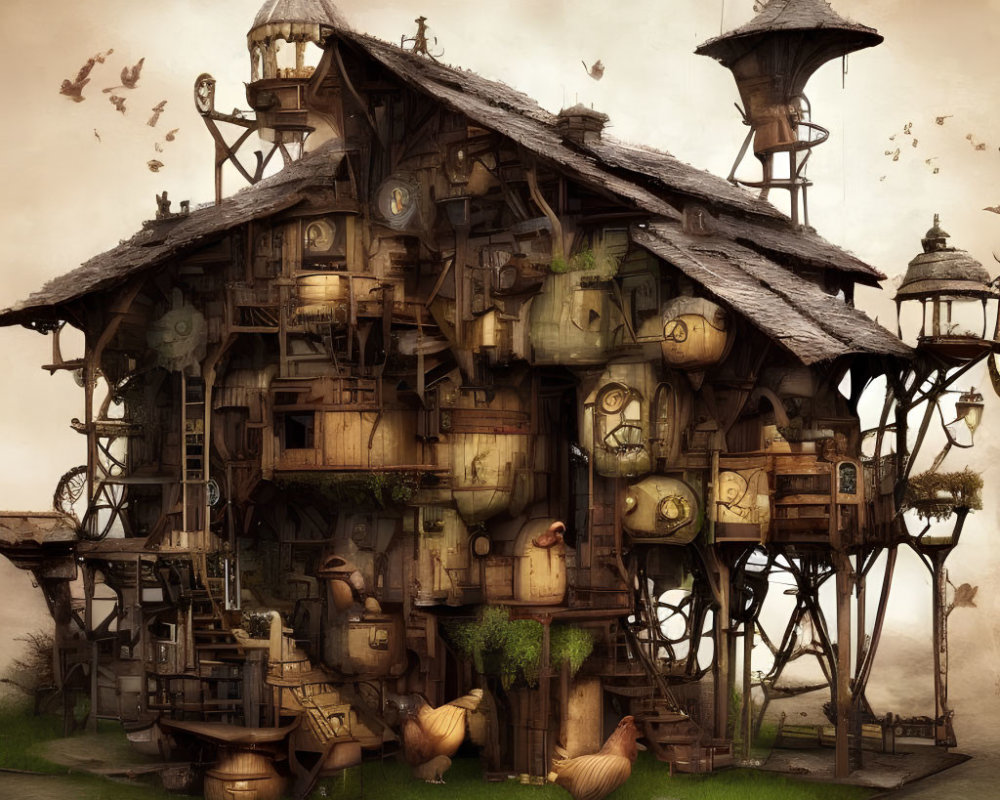 Illustrated fantasy treehouse with wooden walkways, ladders, lanterns, and birds in sep