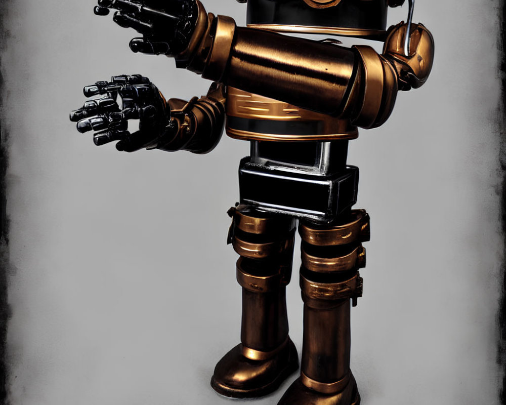 Steampunk-style robot with clock torso, intricate arms, and large boots