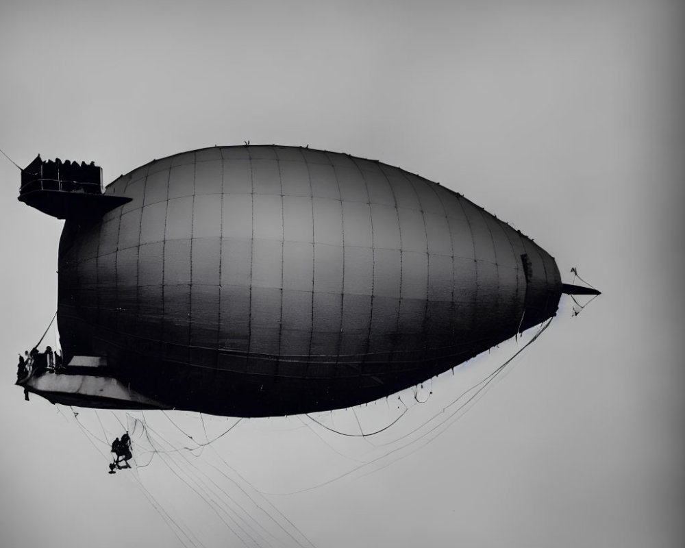 Airship silhouette with crew on platform, streamlined design and stabilizing fins