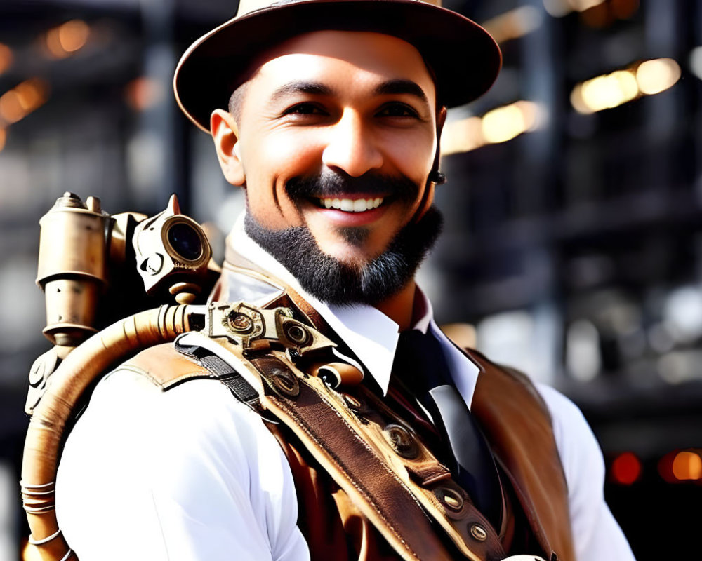 Smiling man in steampunk outfit with mechanical details