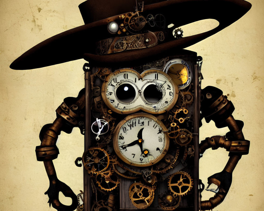 Steampunk-inspired anthropomorphic clock with multiple timepieces on face and brimmed hat on beige