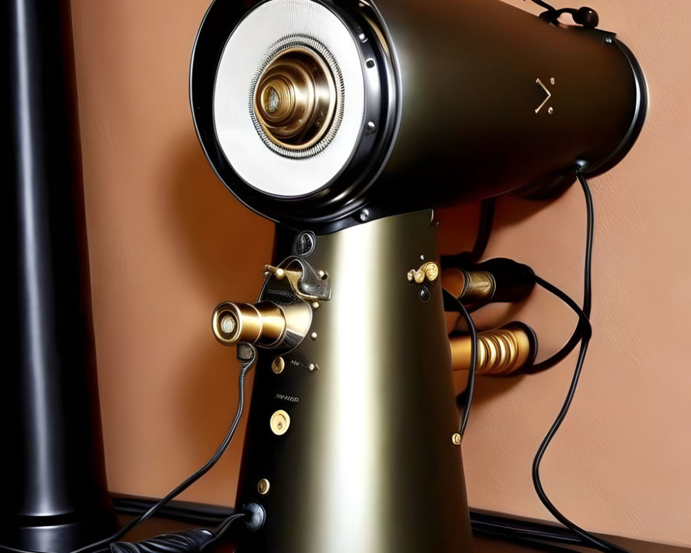 Vintage-style modern tabletop telescope with golden base on wooden surface.