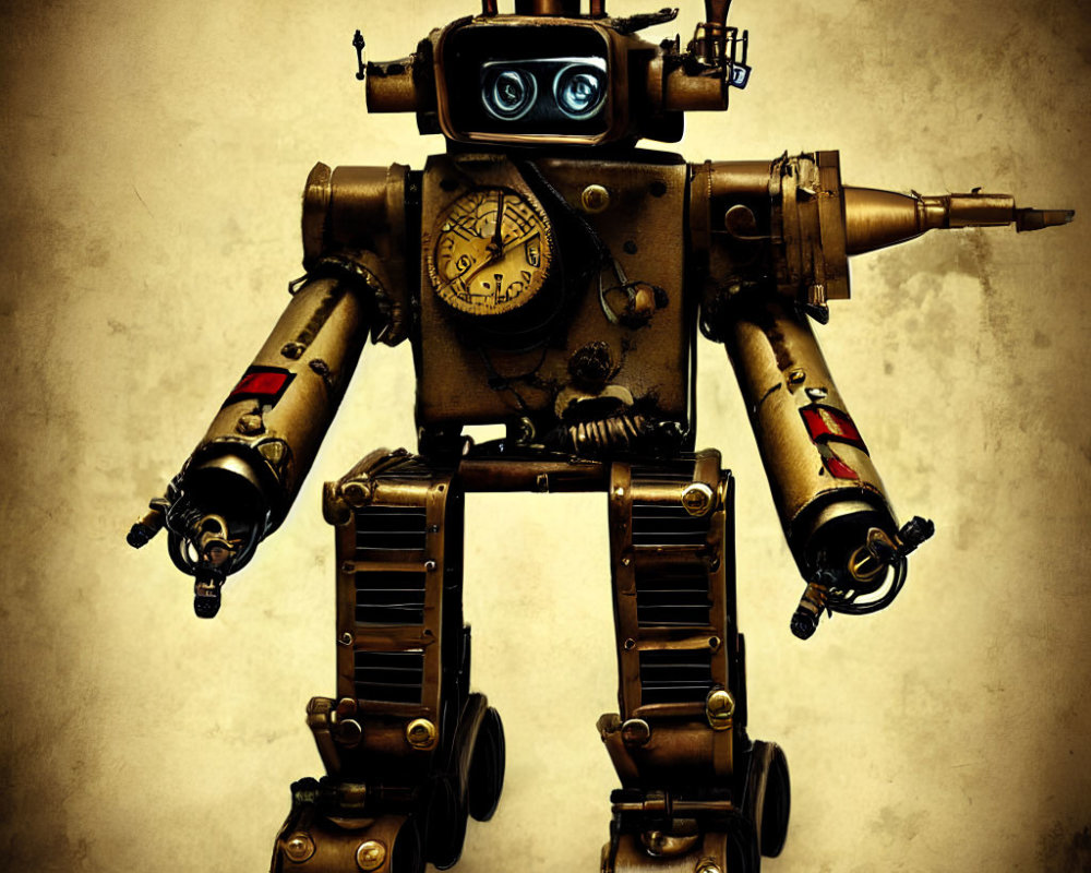 Steampunk robot with vintage camera head and mechanical arms on grungy background