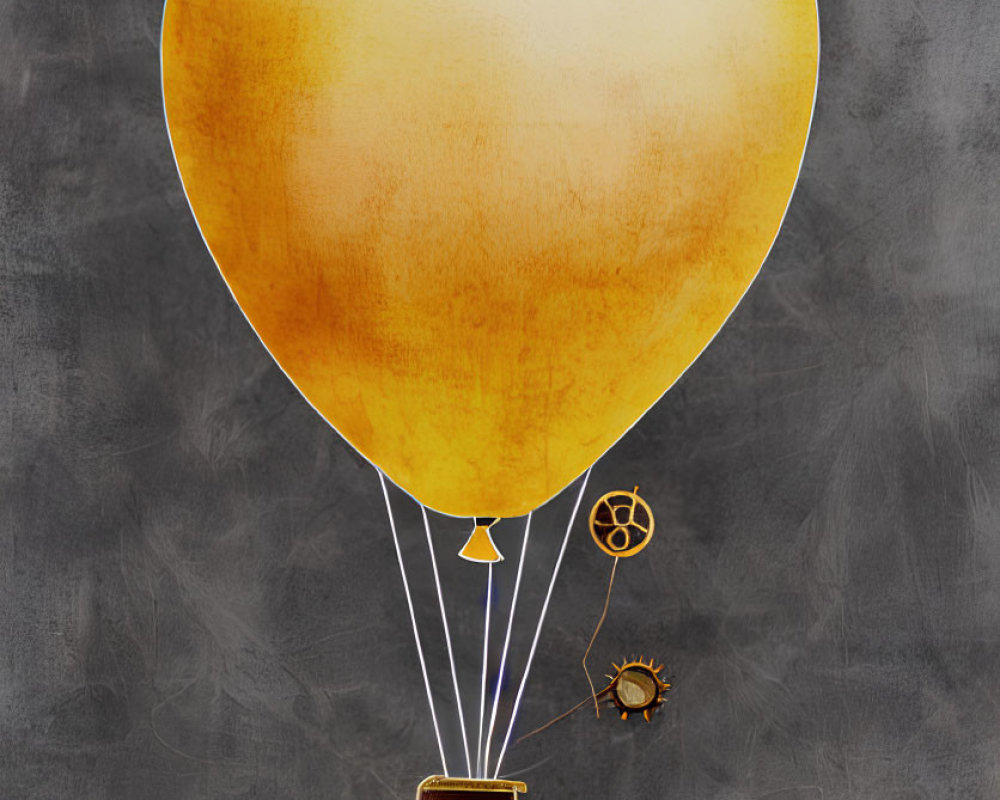 Whimsical hot air balloon with golden envelope and robot-like basket on textured gray background