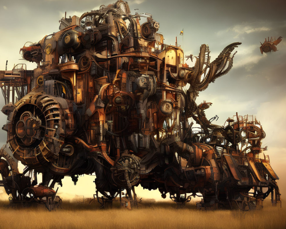 Steampunk-style colossal machine with gears and pipes in a mechanized city setting.