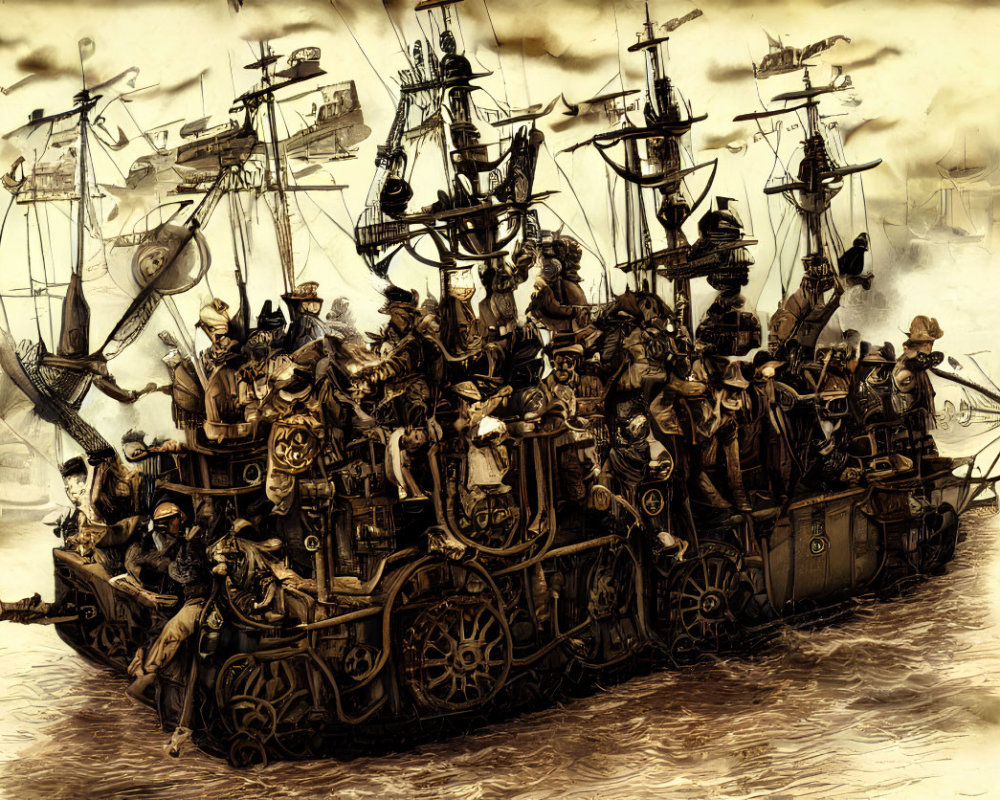 Detailed Sepia-Toned Pirate Ship Illustration