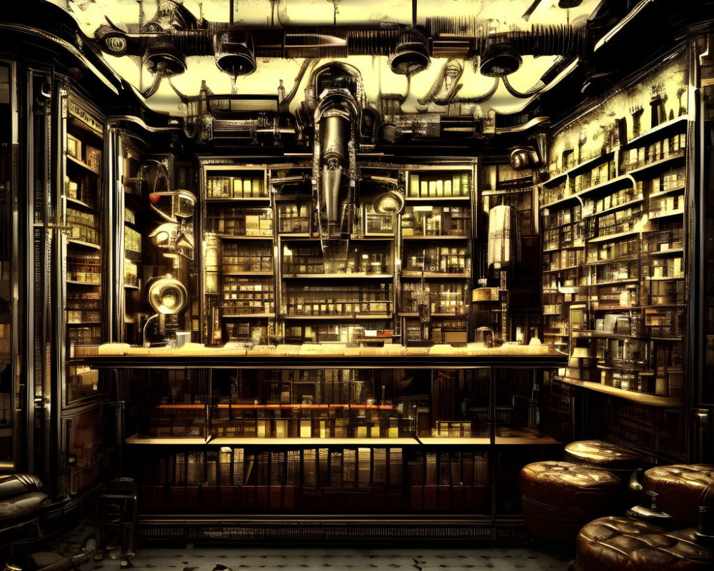 Dimly Lit Steampunk Library with Vintage Furniture