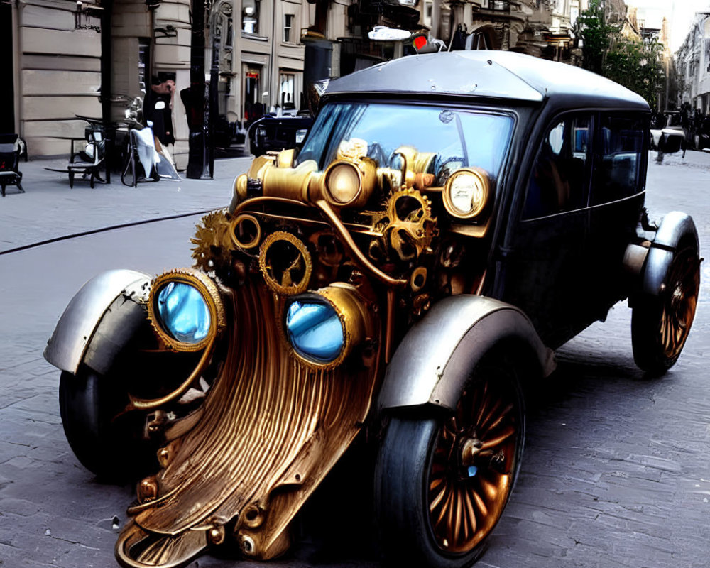 Vintage Car with Steampunk Design on Cobblestone Street