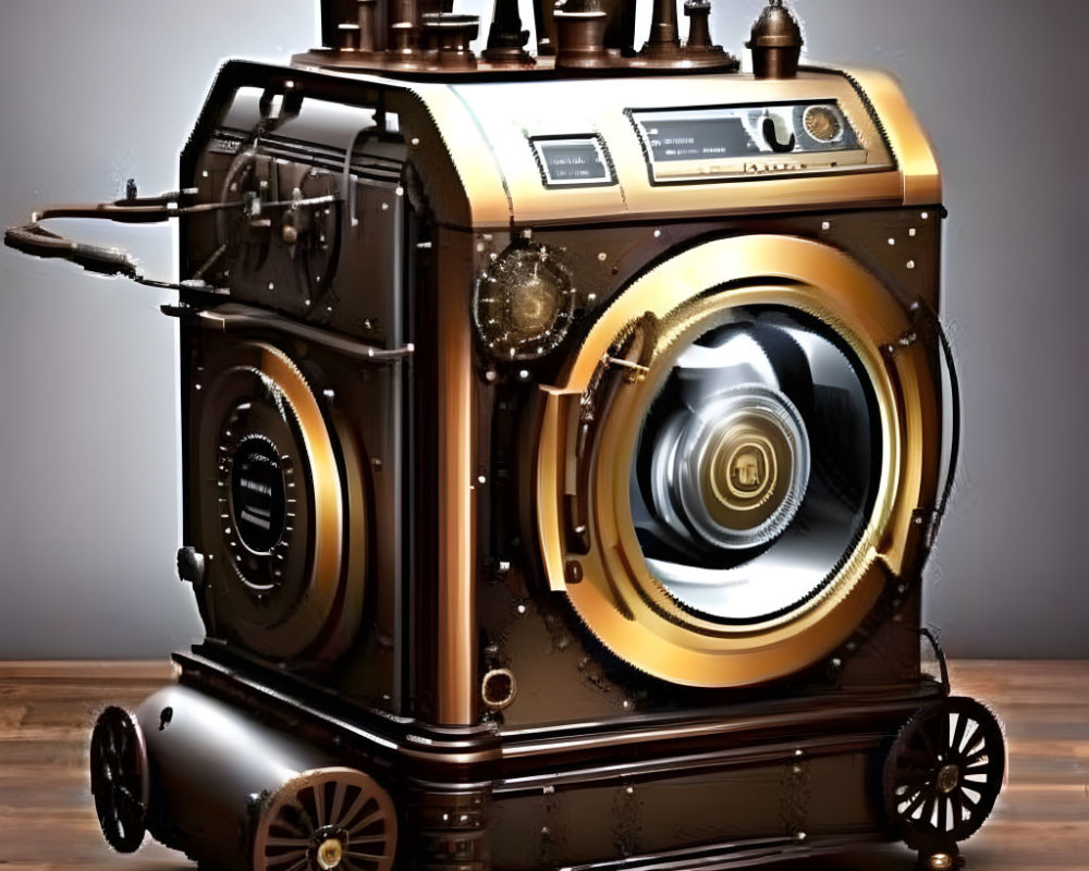 Steampunk-themed washing machine with brass accents and vintage dials