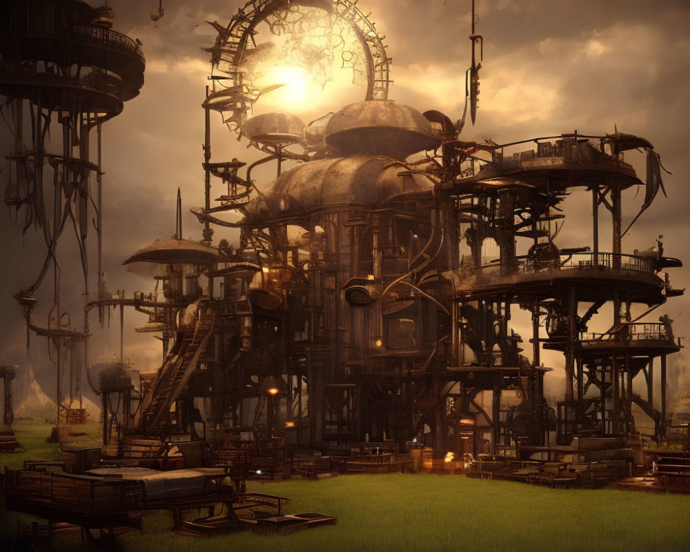 Steampunk structure with gears, pipes, and chambers in dusk scene.