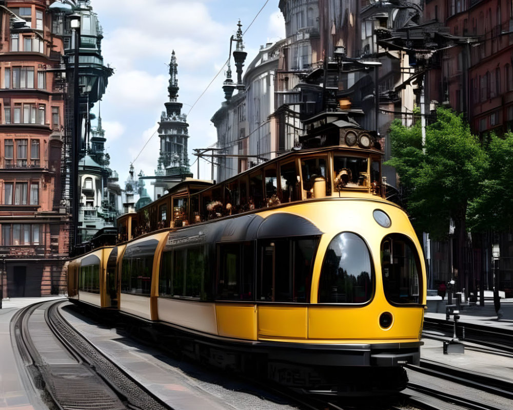 Yellow tram on city tracks among European-style buildings under clear sky