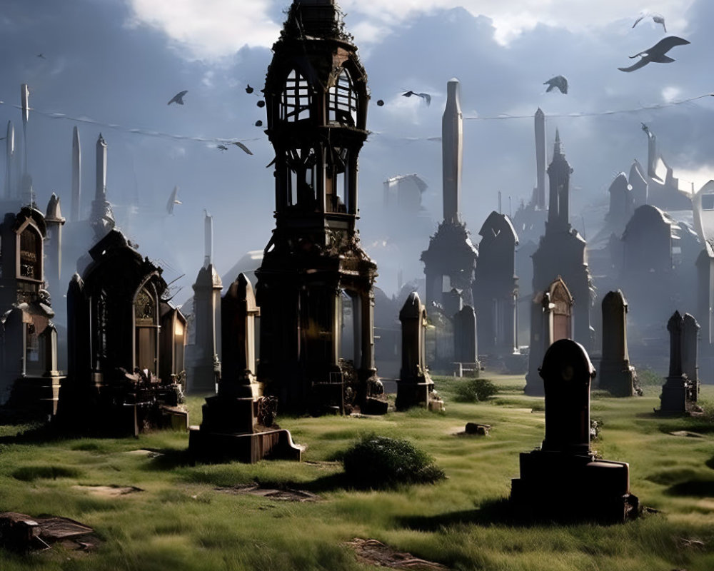 Ornate gravestones in Gothic cemetery with decaying tower