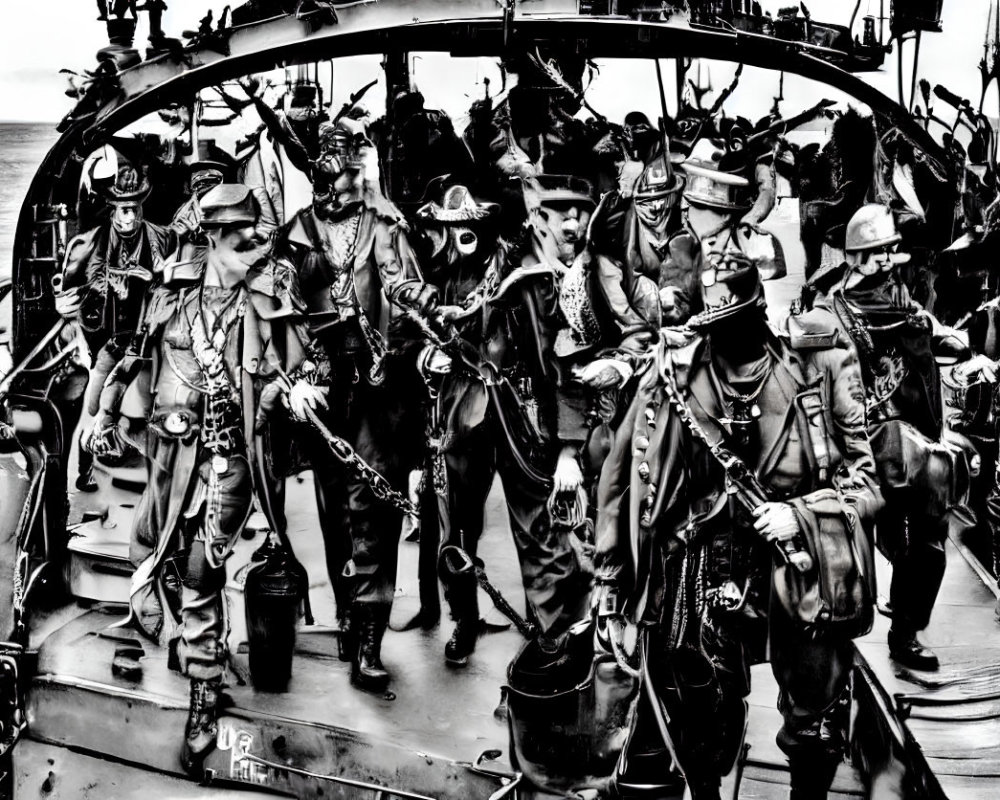 Black and White Photo of Pirate-Themed Costumes on Ship