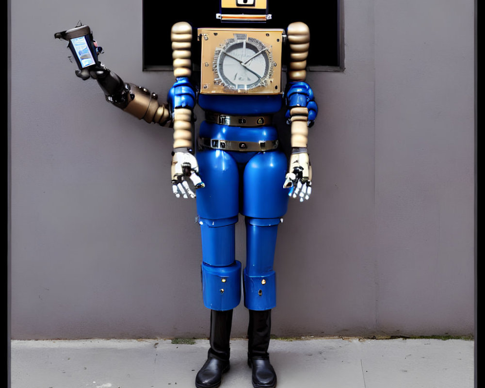 Retro humanoid robot with smartphone against grey wall