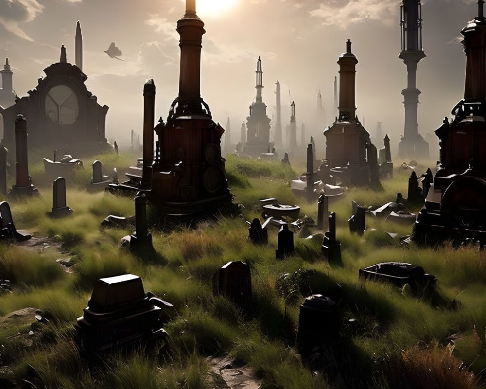 Sunlit graveyard with towering monuments and overgrown grass