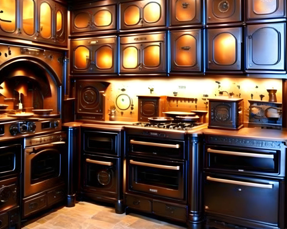 Luxurious Kitchen with Dark Wood Cabinets and High-End Black Appliances