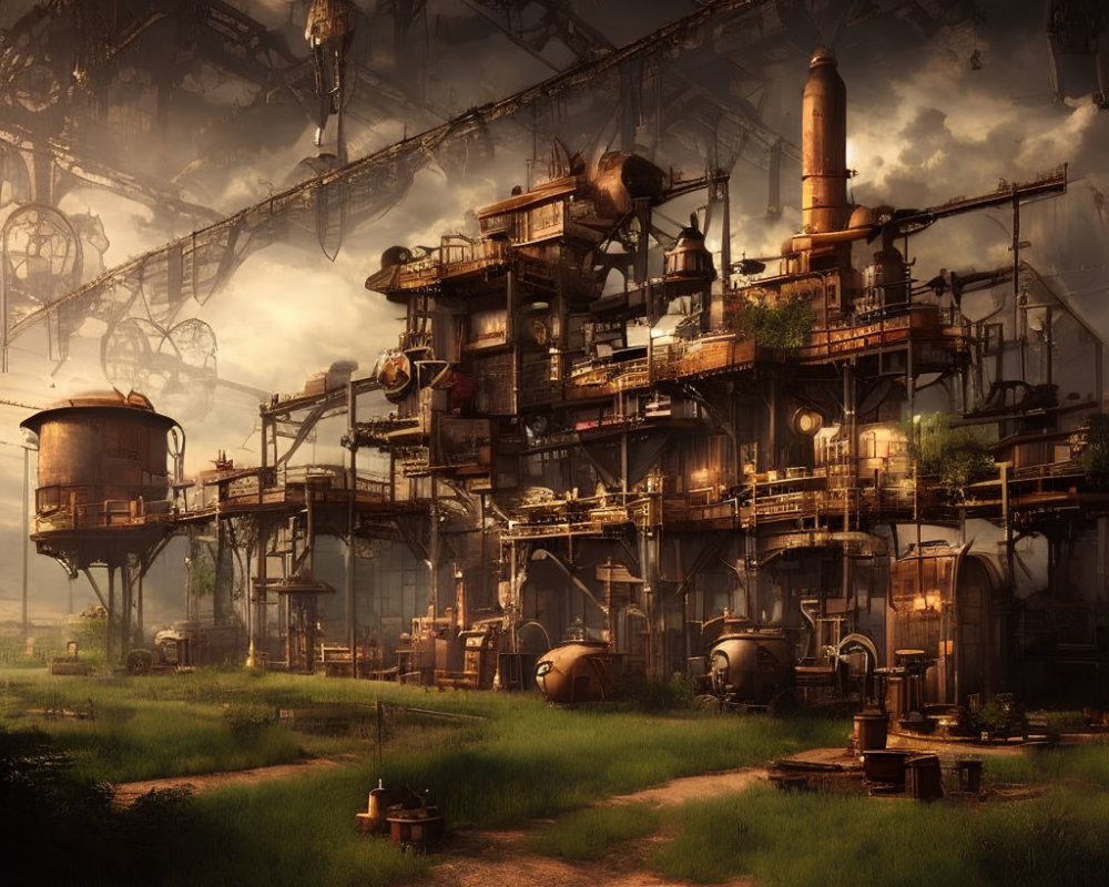 Dystopian industrial landscape with rusted structures and pipelines