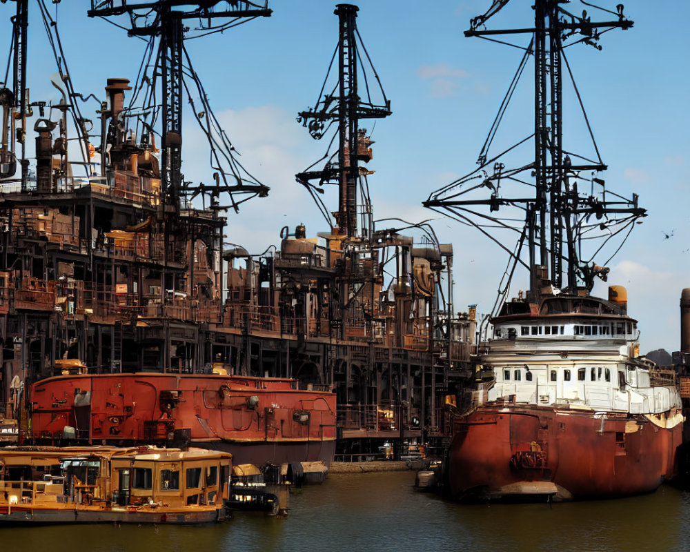 Rusted ships and old cranes in industrial harbor landscape