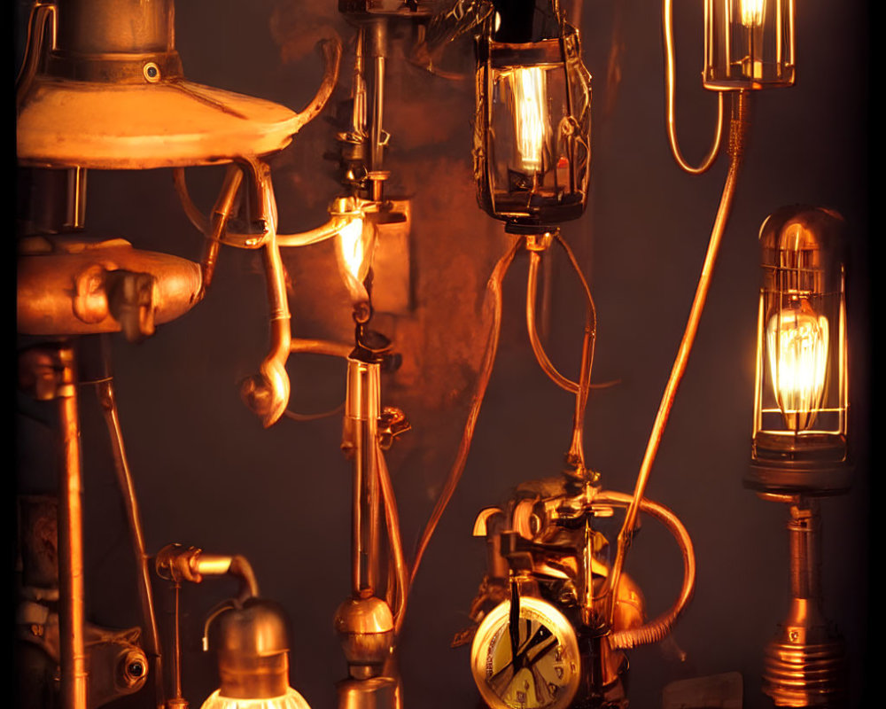 Antique Brass and Metal Fixtures with Vintage Bulbs and Oil Lamps