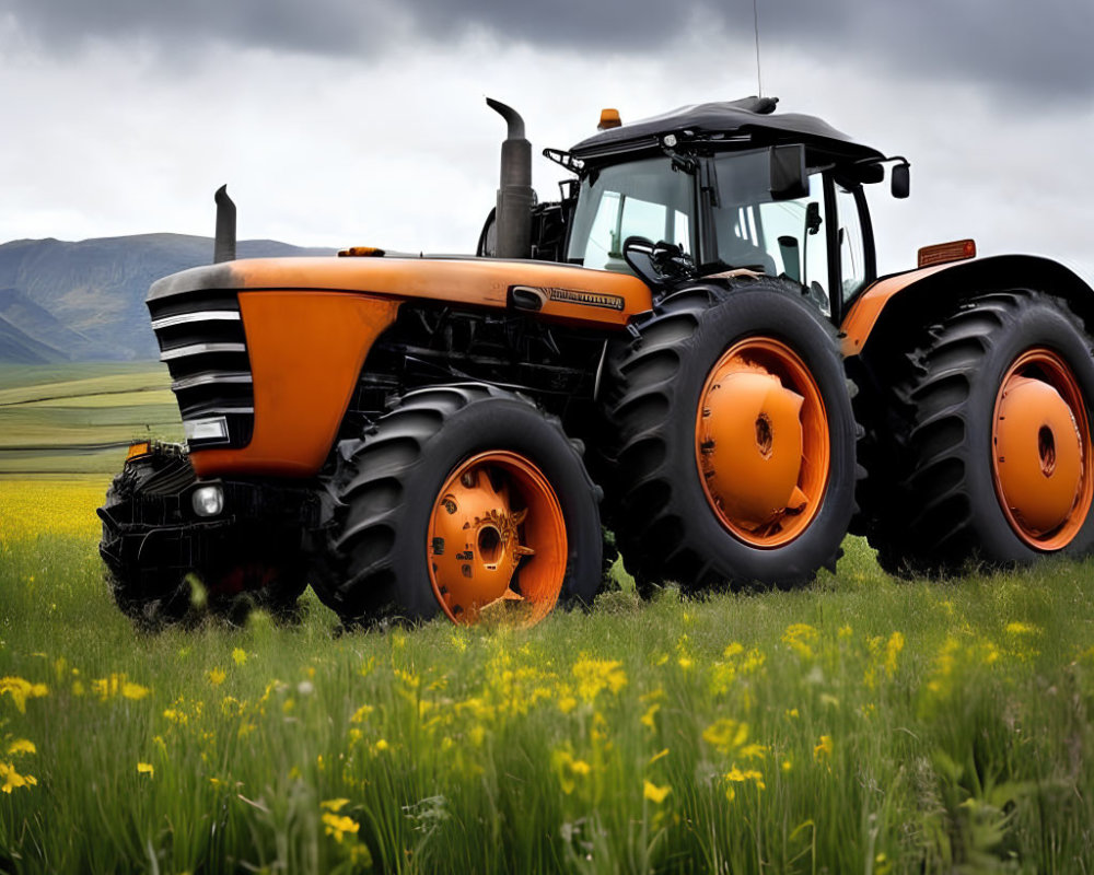 Orange tractor parked in green field with yellow flowers, hills, and cloudy sky