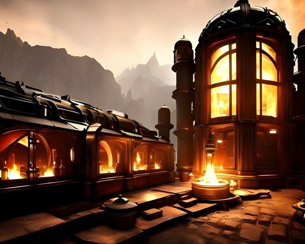 Orange-hued steampunk interior with mountain backdrop