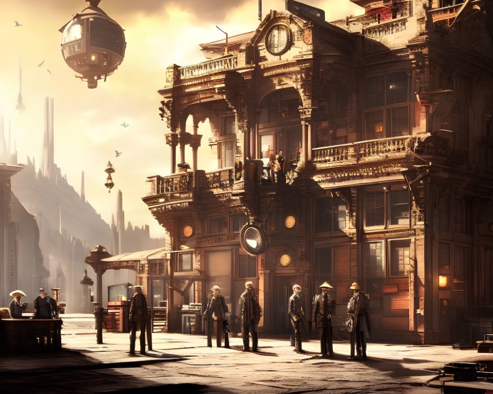 Steampunk cityscape with Victorian-era buildings, airships, and figures in a sunlit square