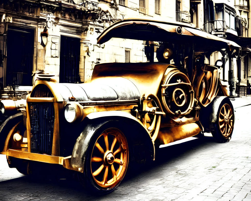 Steampunk-themed vintage car on cobblestone street with brass accents