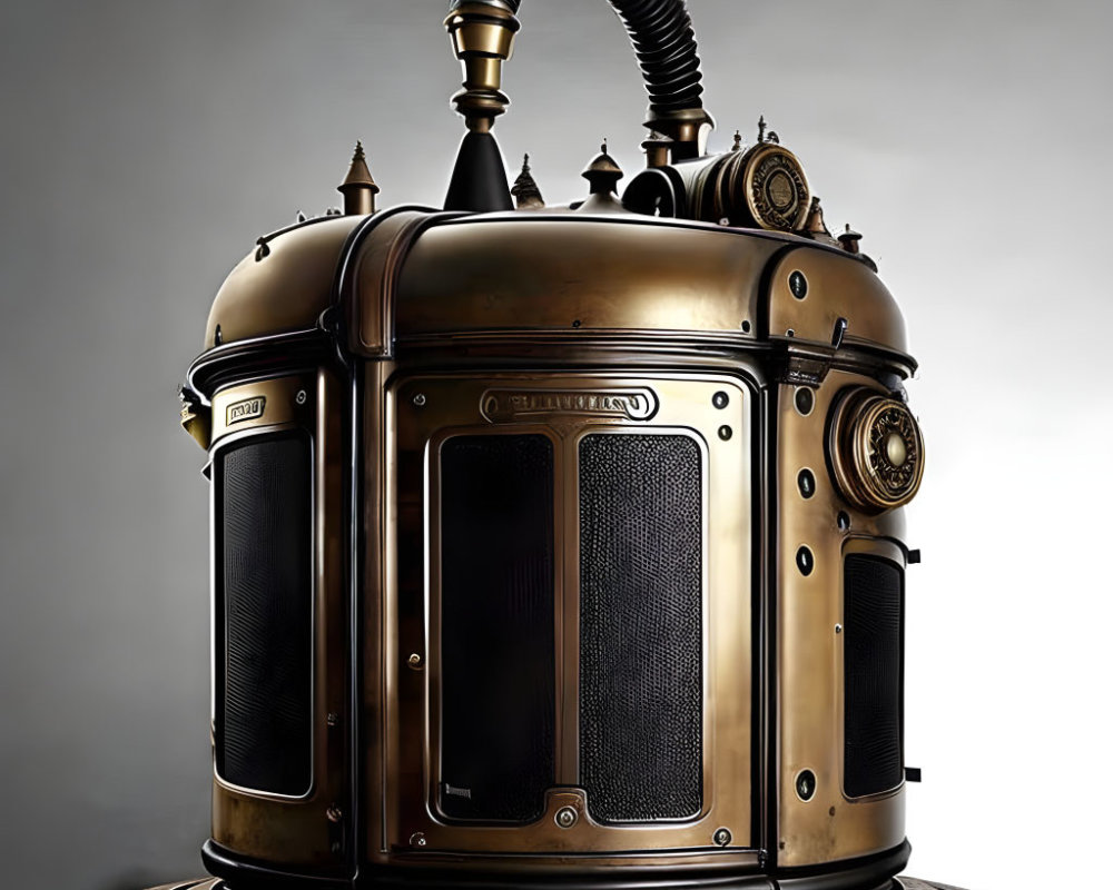 Steampunk-inspired vintage machine with brass accents on wooden platform