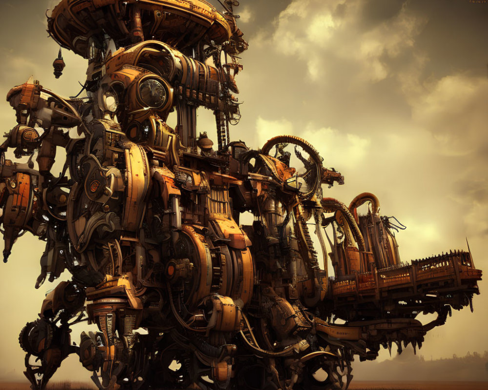 Intricate Steampunk-Style Machine Against Dusky Sky