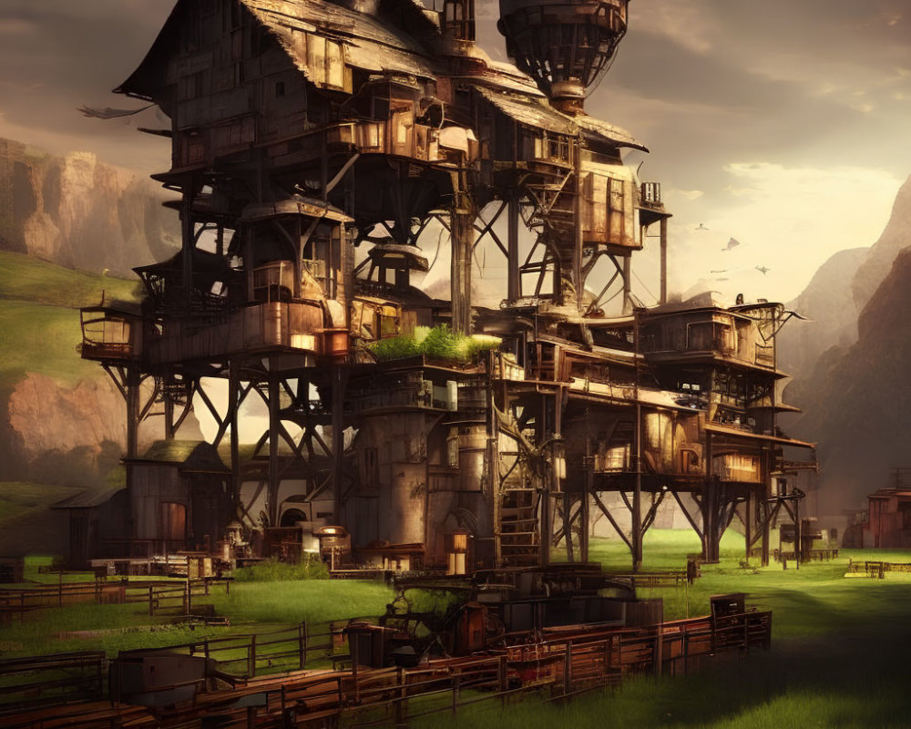 Fantasy structure with wooden beams, balconies, and towers in serene mountain landscape