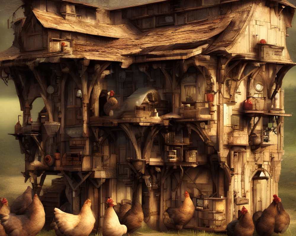 Multi-level wooden chicken coop with ladders and chickens in misty setting