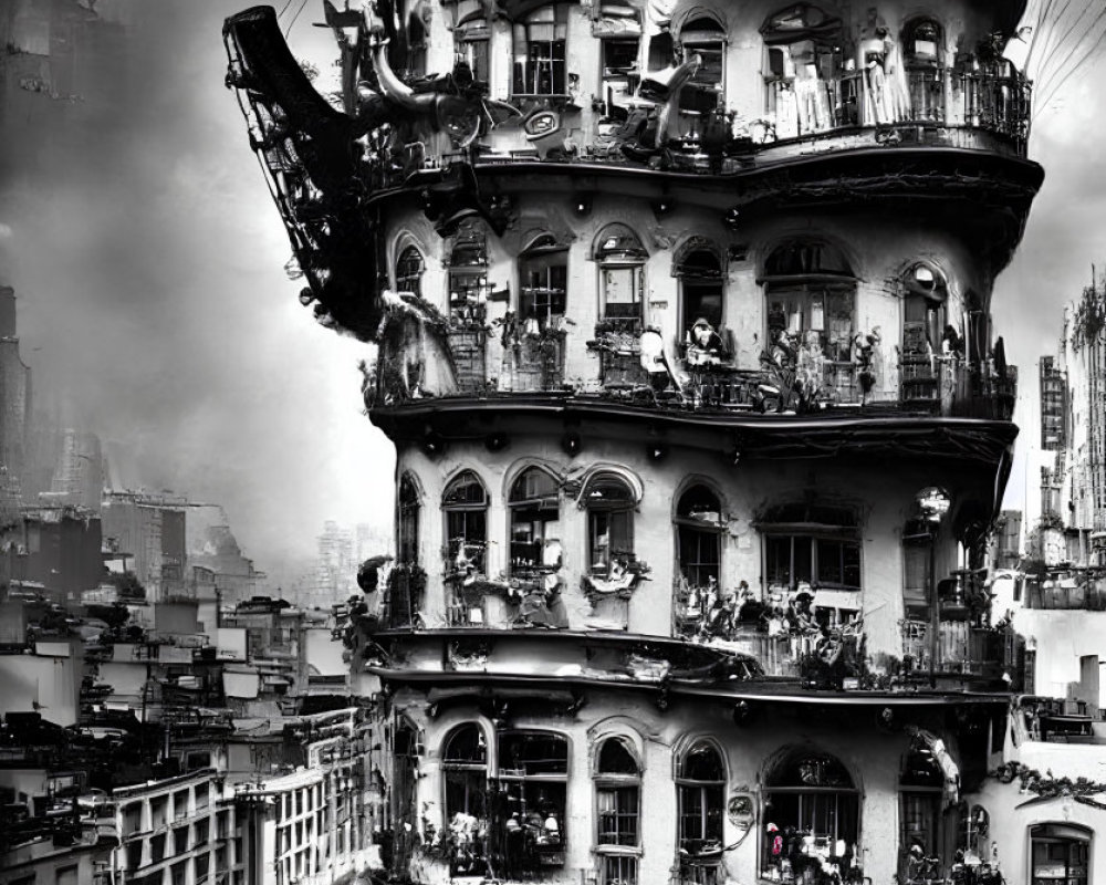 Surreal baroque multi-story building in monochrome urban setting